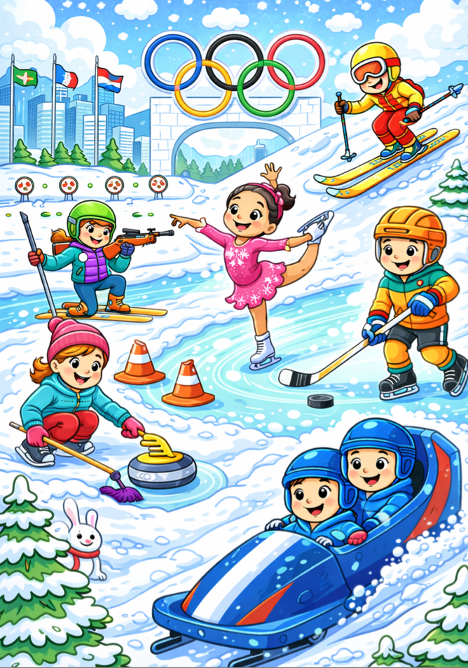 Children enjoying winter sports beneath Olympic rings