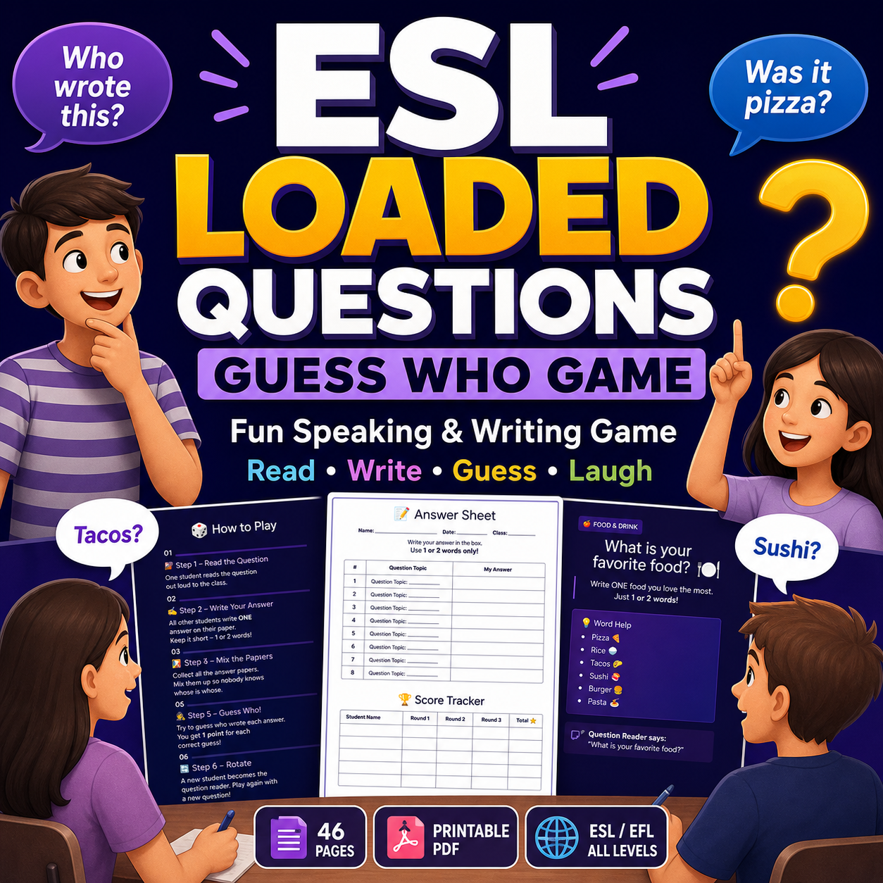 ESL loaded questions classroom guessing game poster