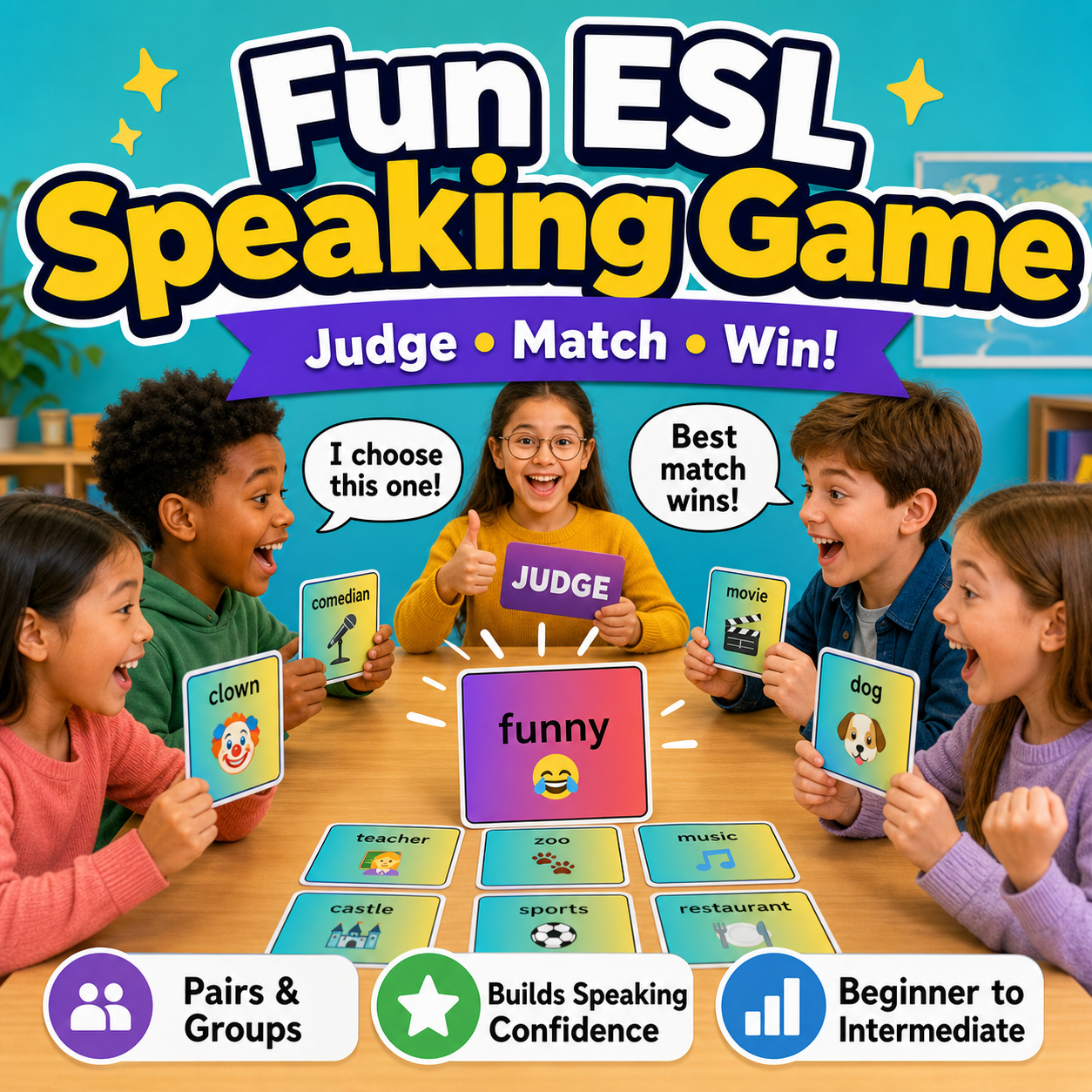 Children playing fun ESL speaking card game