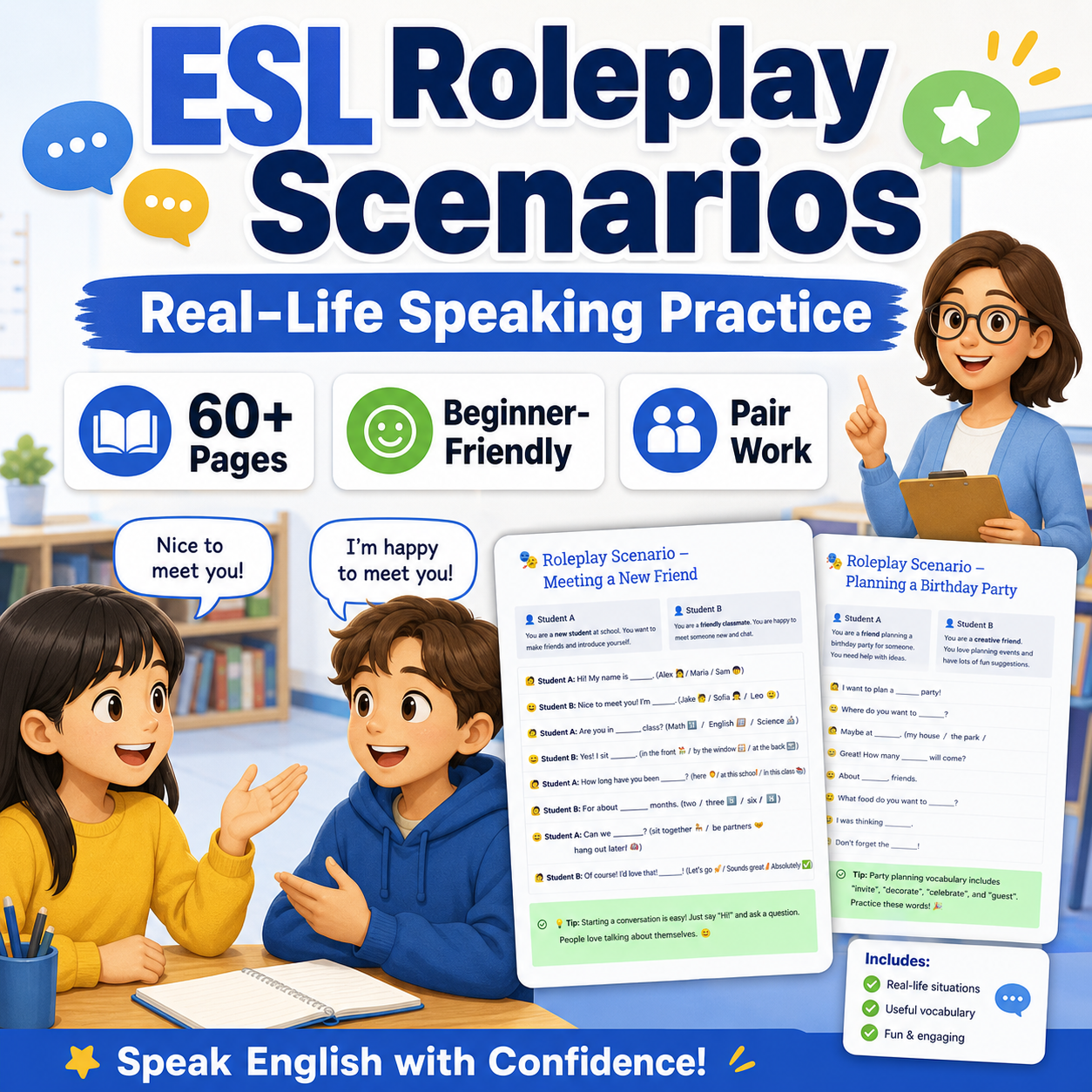 ESL roleplay scenarios poster for speaking practice
