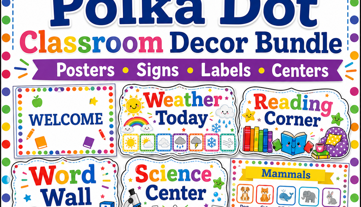 Colourful polka dot classroom decor bundle poster