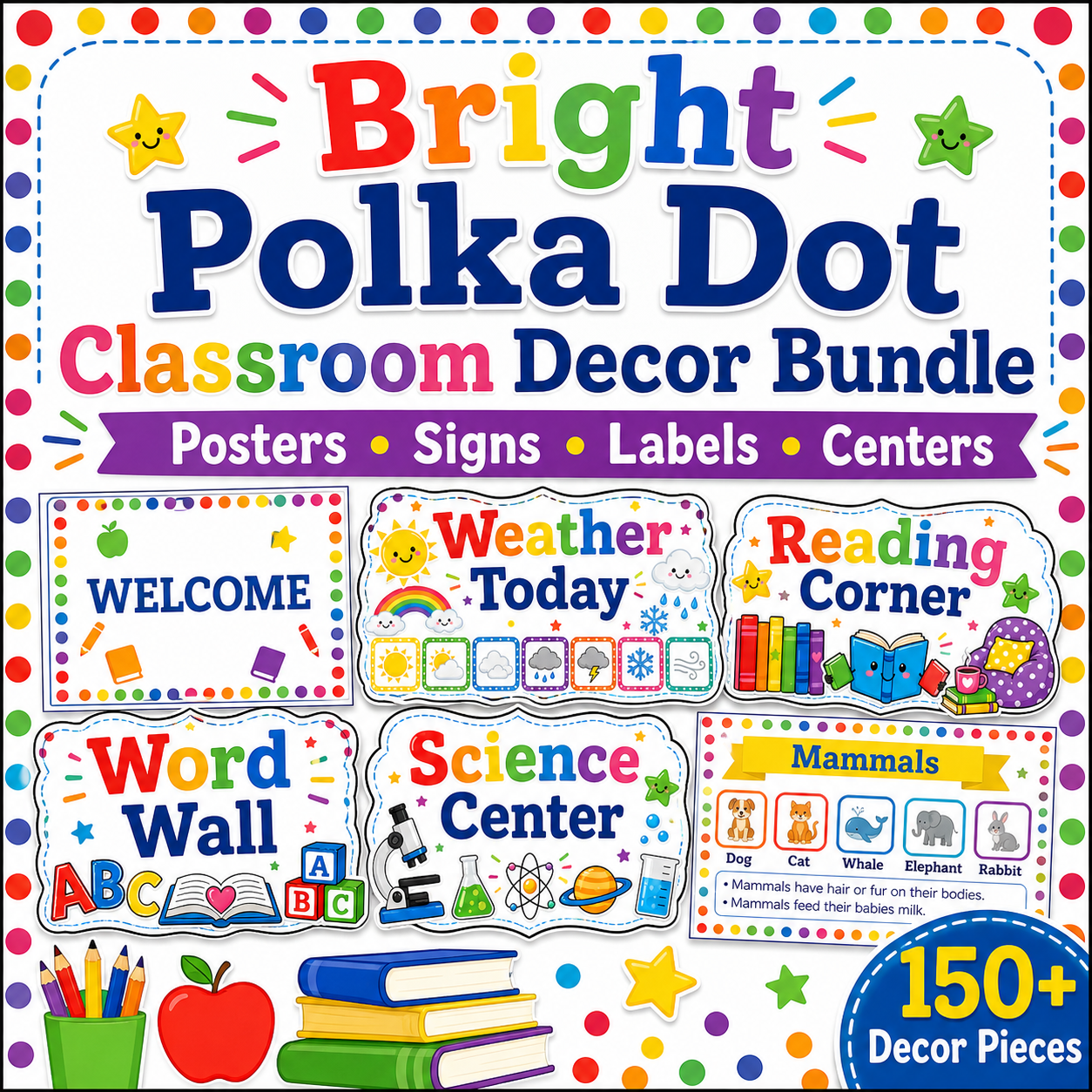 Colourful polka dot classroom decor bundle poster