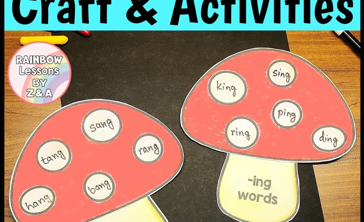Glued sound words mushroom craft activity display