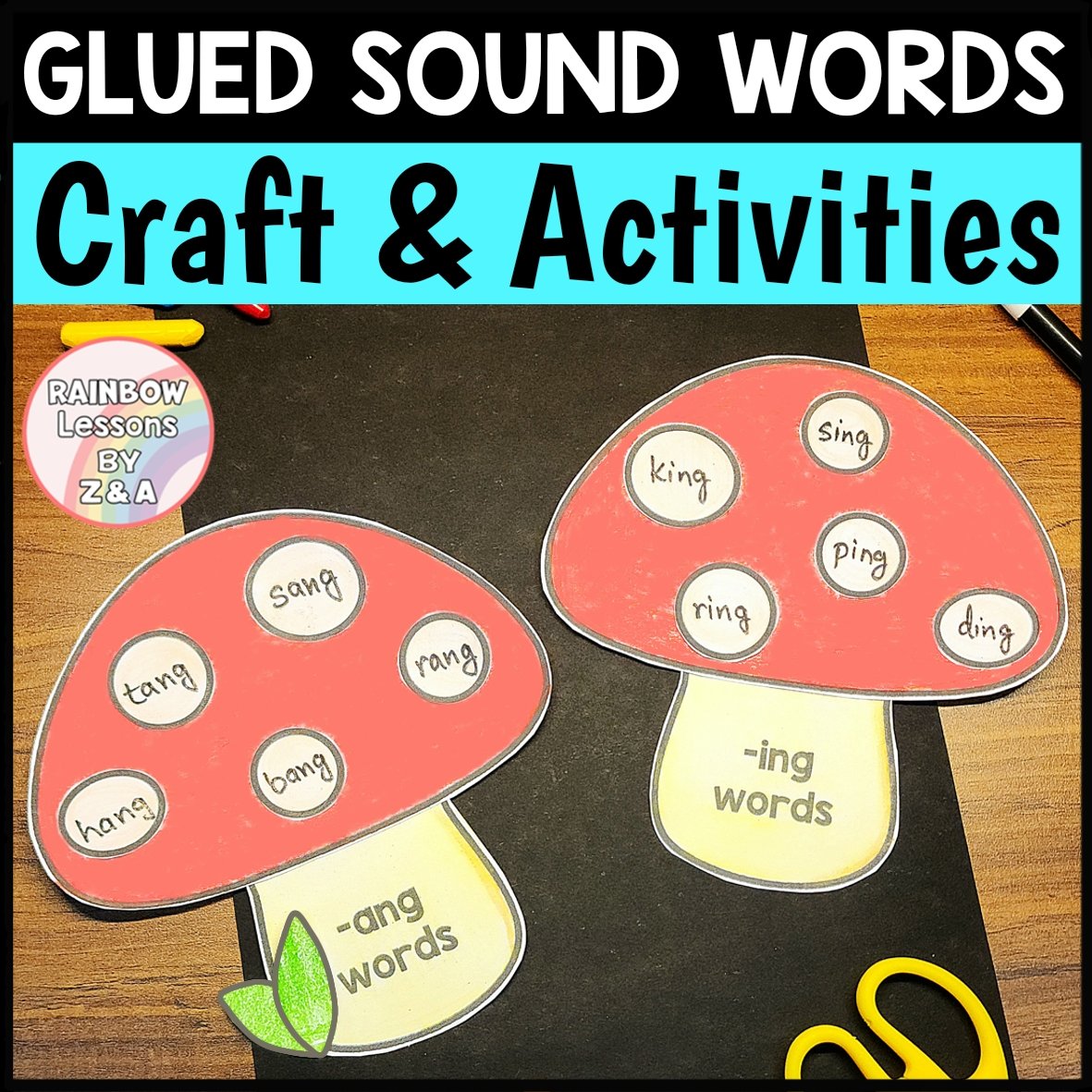 Glued sound words mushroom craft activity display
