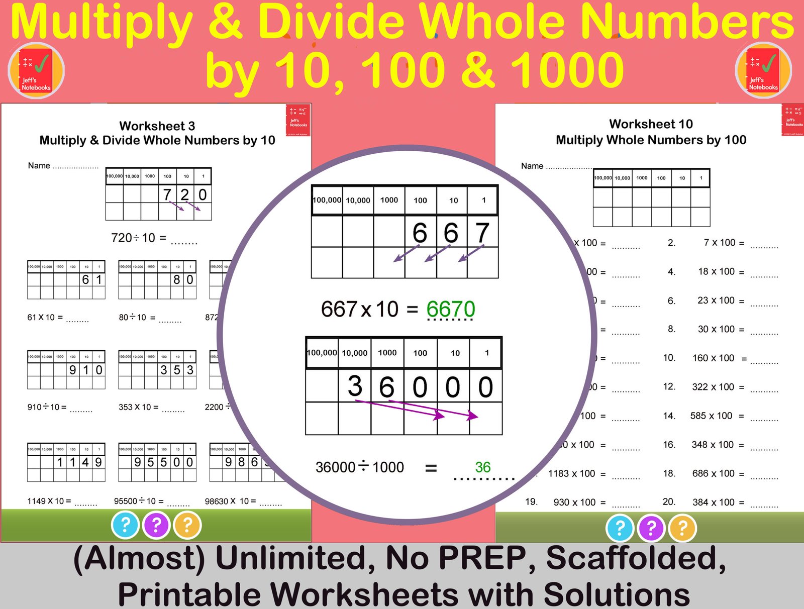 Math worksheets multiplying and dividing by 10, 100, 1000