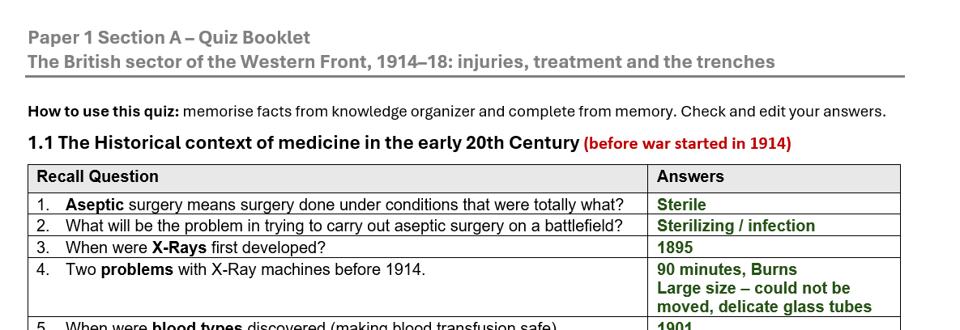 World War One medical history quiz sheet