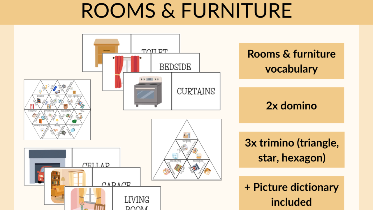 Rooms and furniture vocabulary domino and trimino set