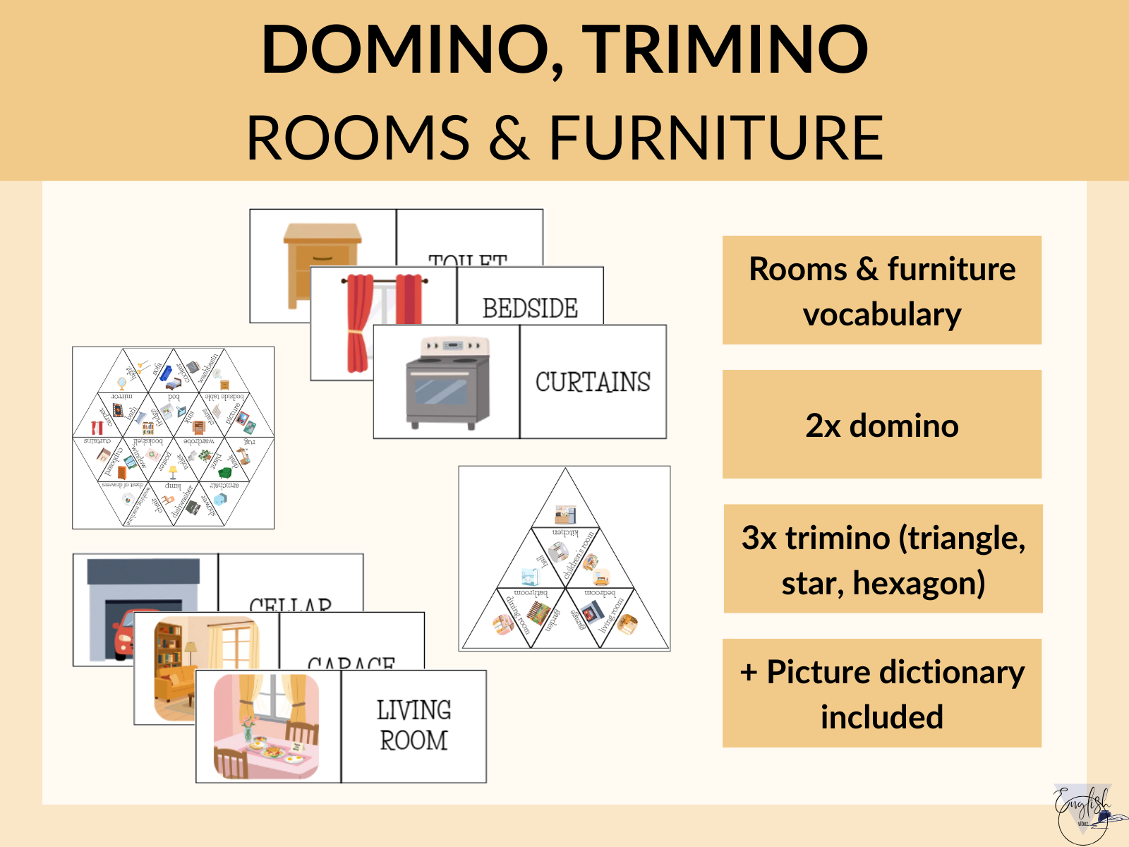 Rooms and furniture vocabulary domino and trimino set
