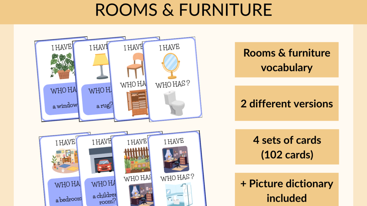 Rooms and furniture vocabulary card game preview