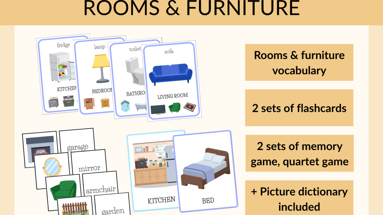Rooms and furniture flashcards and memory game set