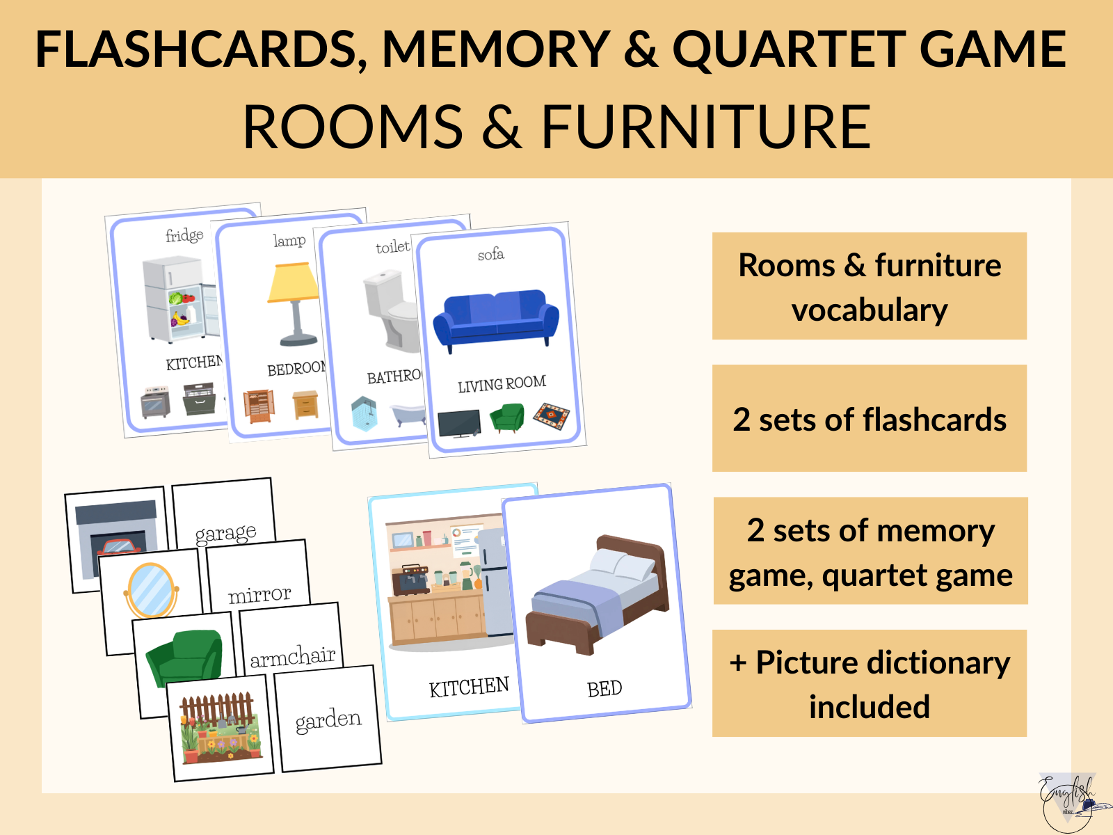 Rooms and furniture flashcards and memory game set