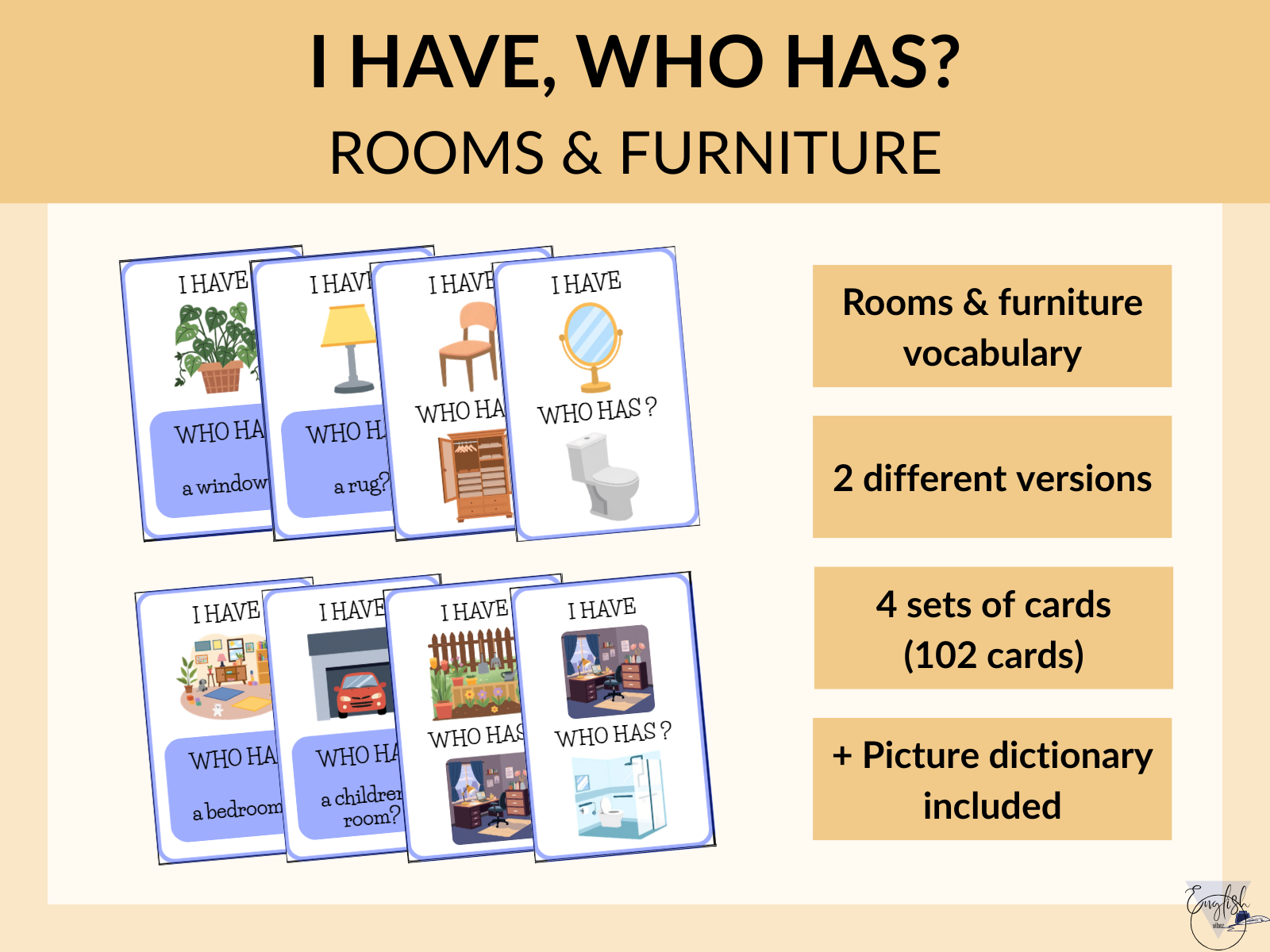 Rooms and furniture vocabulary card game preview