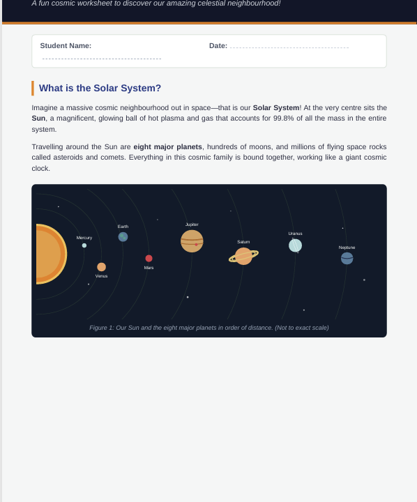 Solar system worksheet with labelled planet diagram