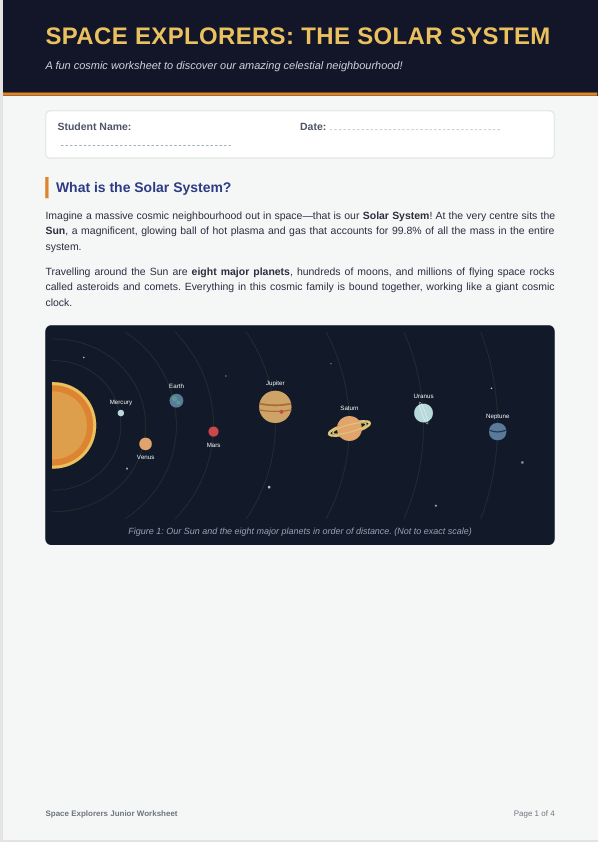 Solar system worksheet with labelled planet diagram