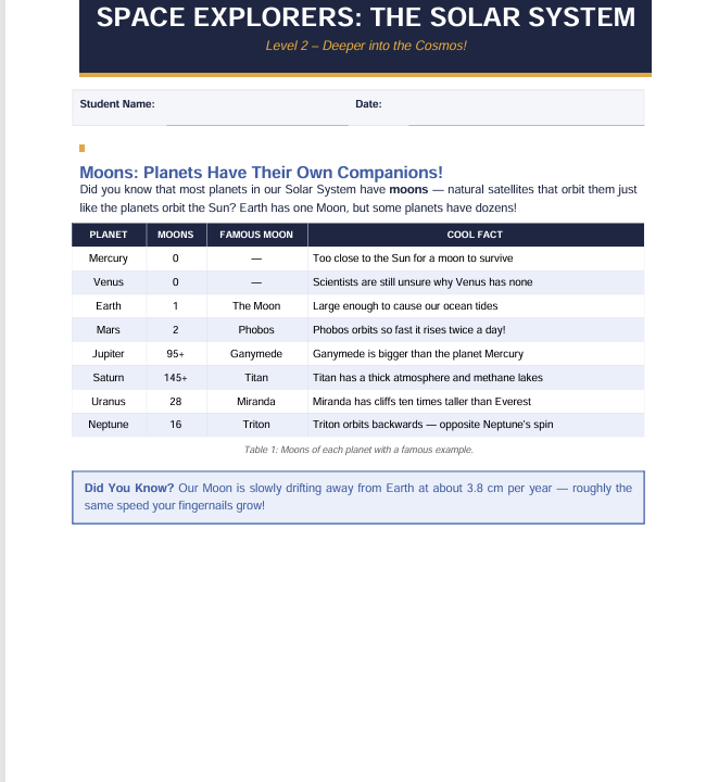 Solar System worksheet about planets and their moons