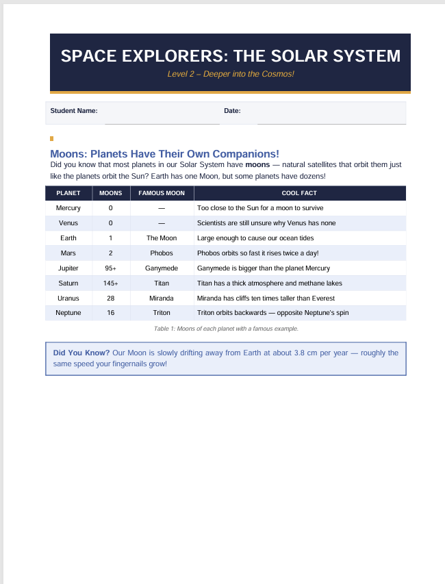 Solar System worksheet about planets and their moons