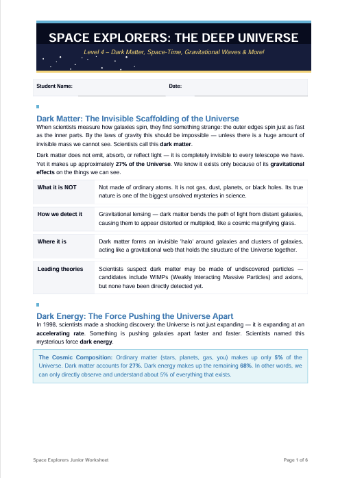 Space Explorers worksheet about dark matter and energy