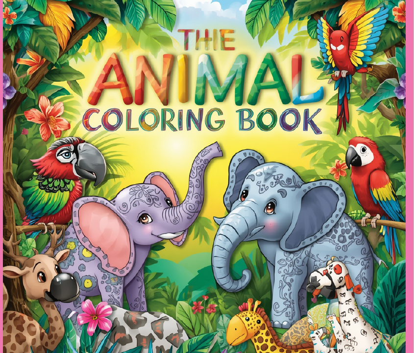 Colourful jungle animals on children’s colouring book cover
