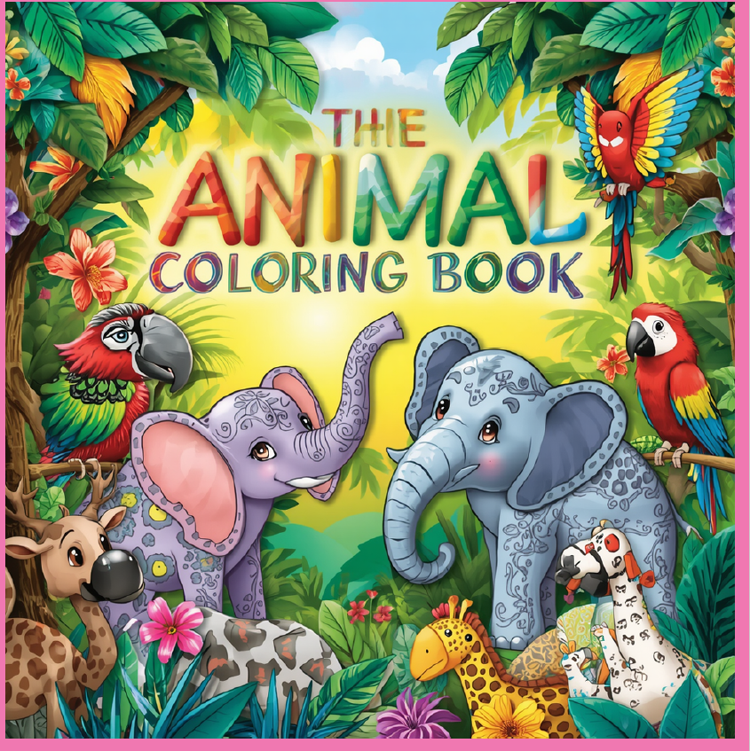 Colourful jungle animals on children’s colouring book cover