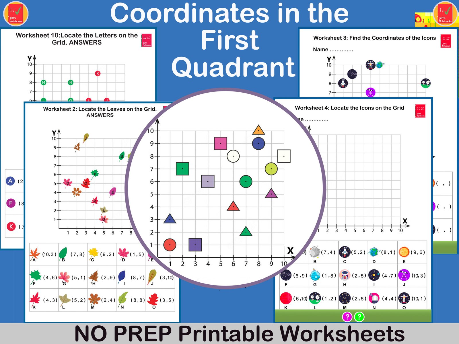 First quadrant coordinate grid worksheets with shapes