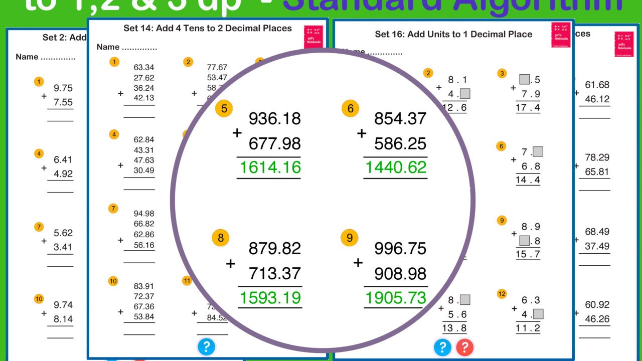 Decimal addition worksheets with worked examples