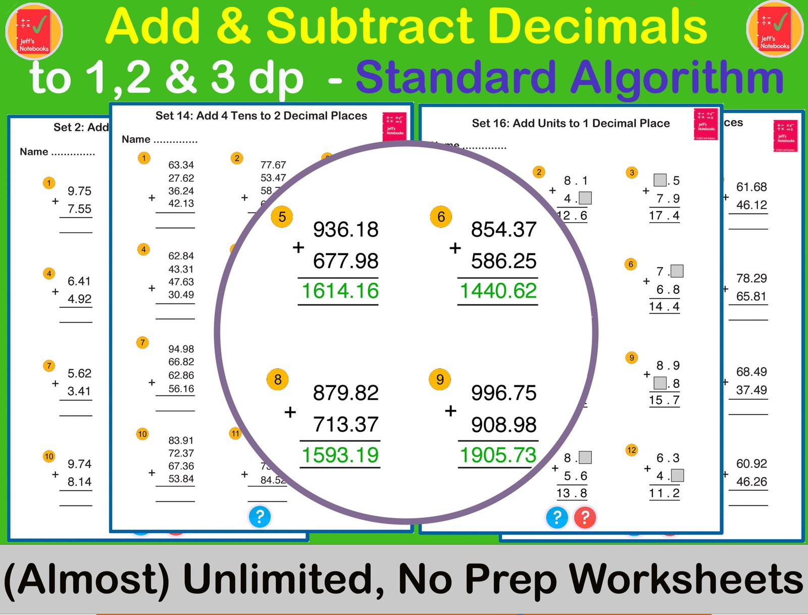 Decimal addition worksheets with worked examples