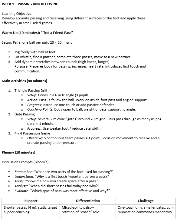 Football passing and receiving lesson plan sheet