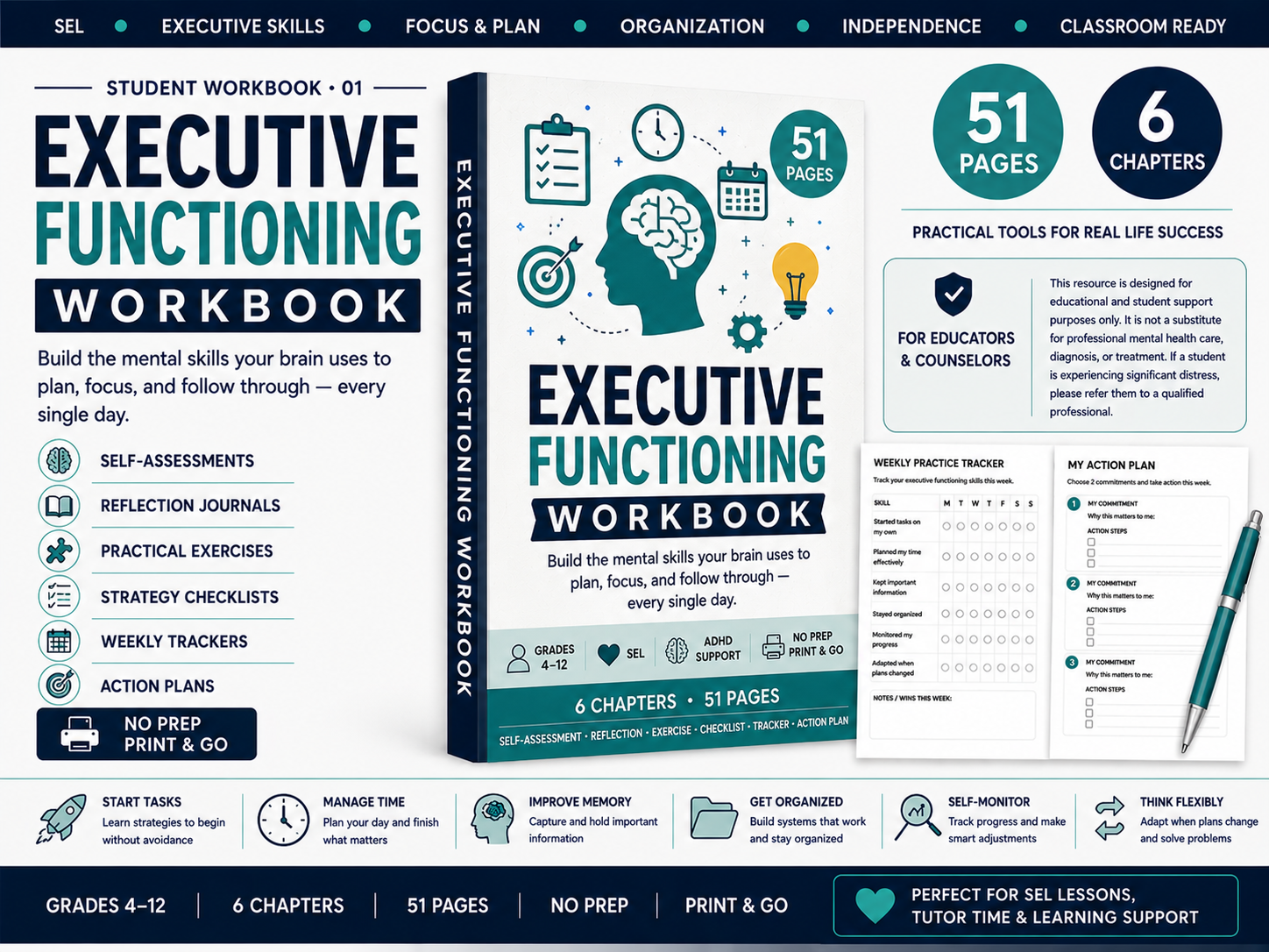 Executive Functioning Workbook cover with features overview