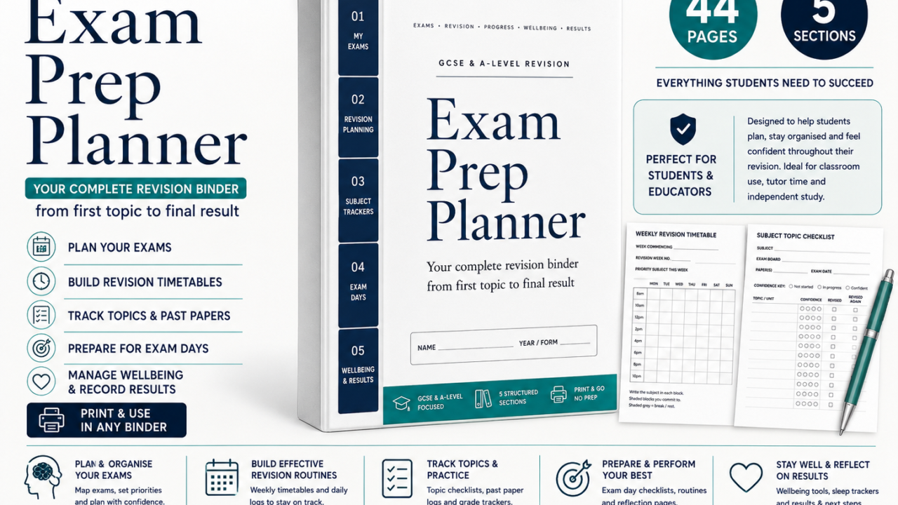 GCSE and A-Level exam prep planner binder