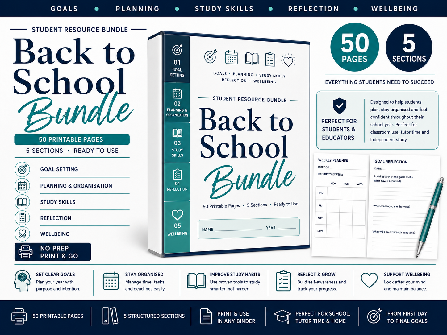 Back to School student planner printable bundle cover