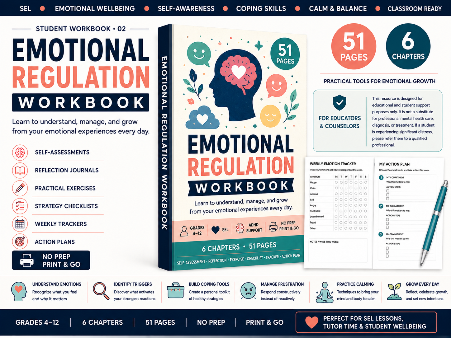 Emotional Regulation Workbook cover and features overview