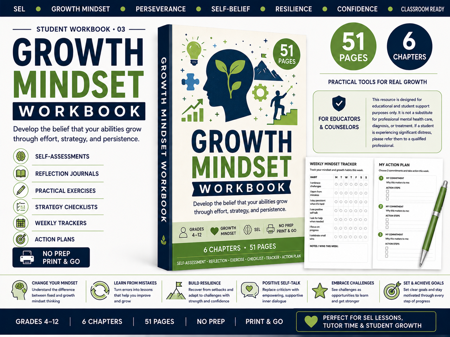 Growth Mindset student workbook cover and features overview