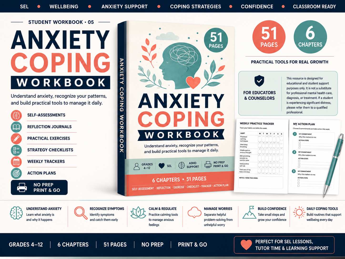Anxiety coping workbook cover with tools overview