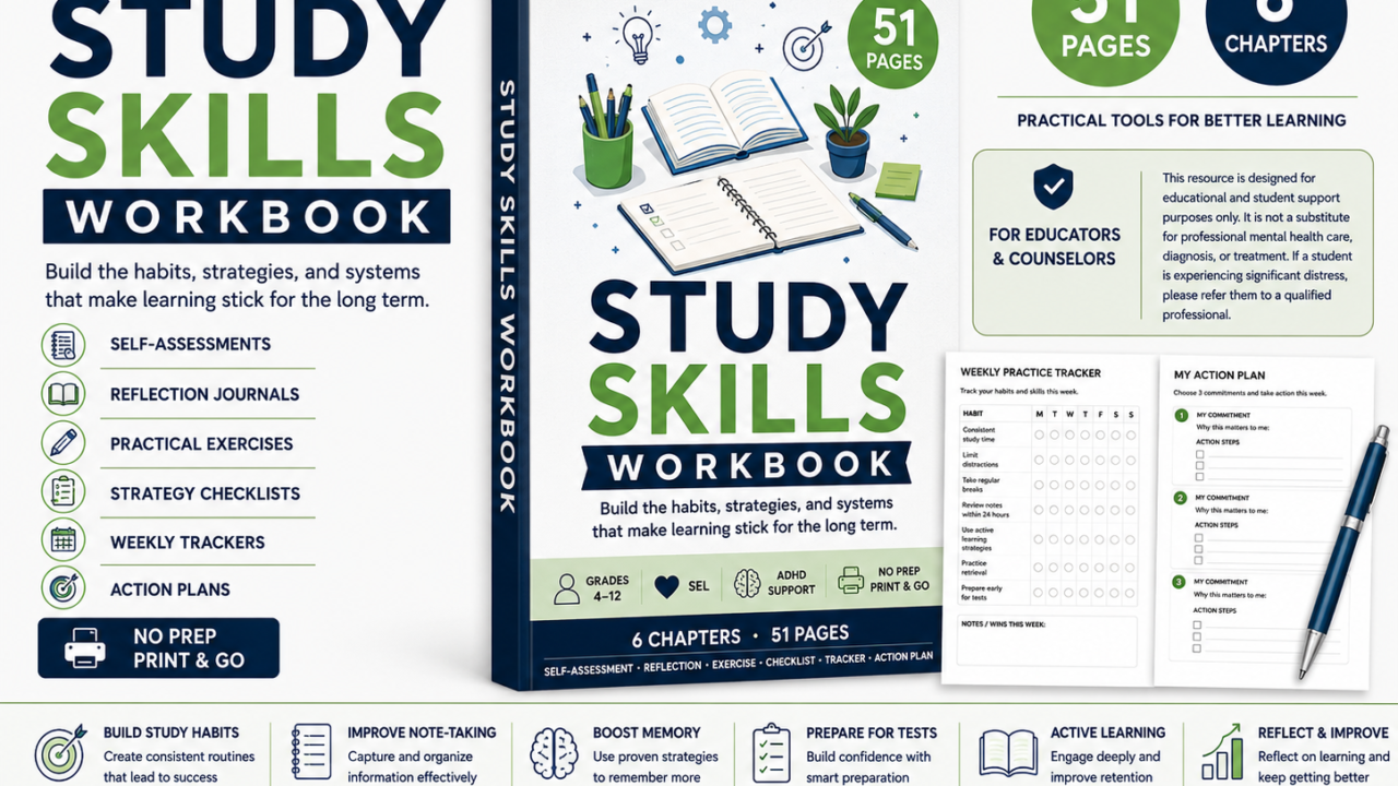 Study Skills Workbook cover and sample pages