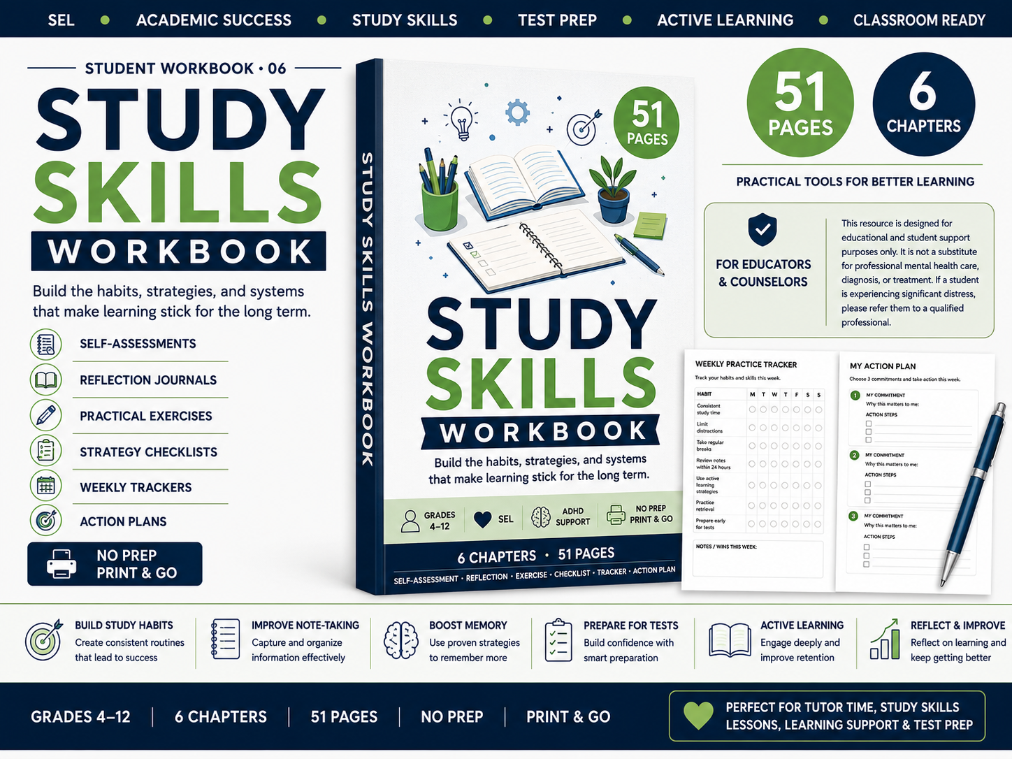 Study Skills Workbook cover and sample pages