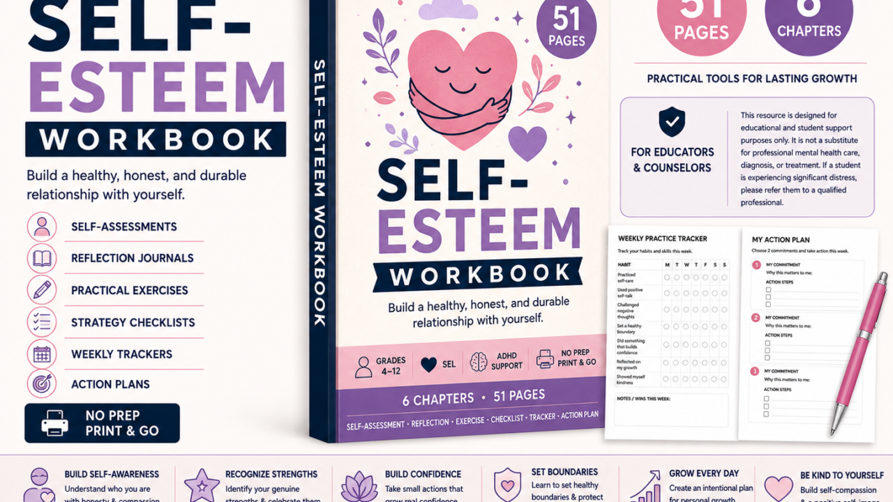 Self-Esteem Workbook cover with heart illustration