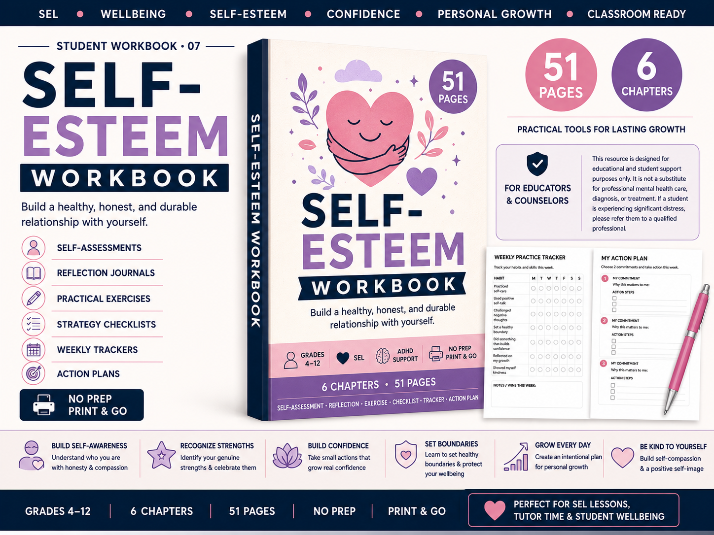 Self-Esteem Workbook cover with heart illustration