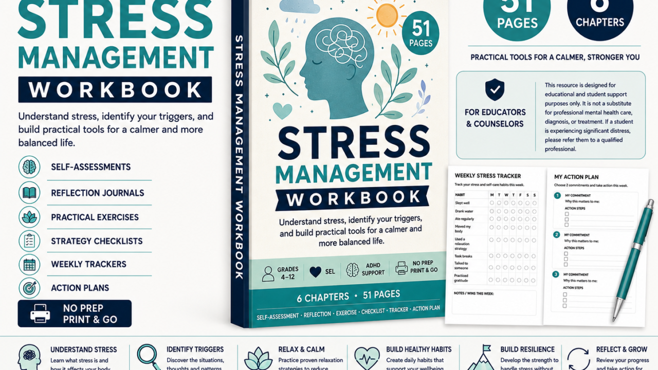 Stress Management Workbook cover and sample pages