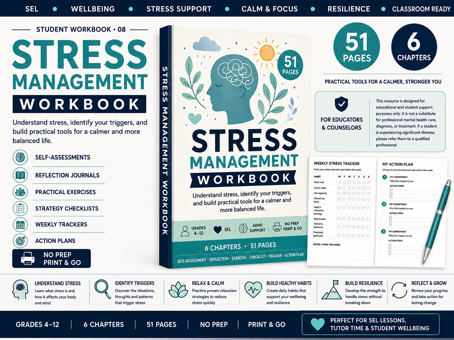 Stress Management Workbook cover and sample pages