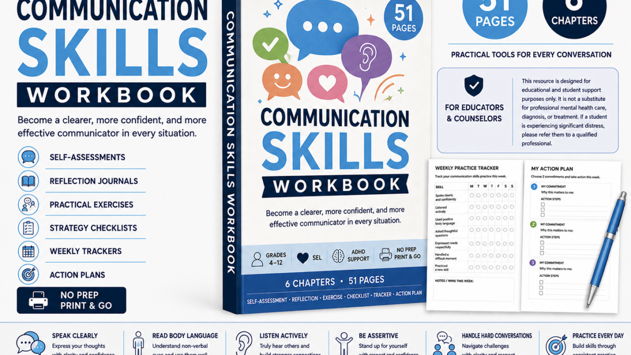 Communication Skills Workbook cover with features overview