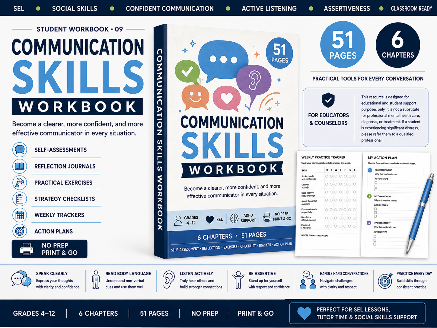 Communication Skills Workbook cover with features overview