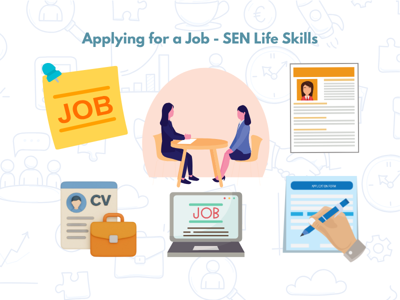 Illustration of job application process and interview scene
