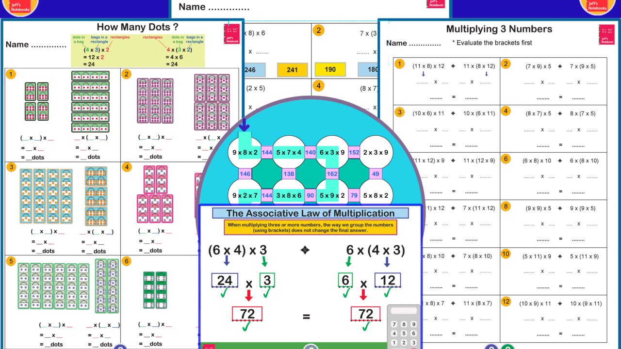 Associative law of multiplication worksheets and examples