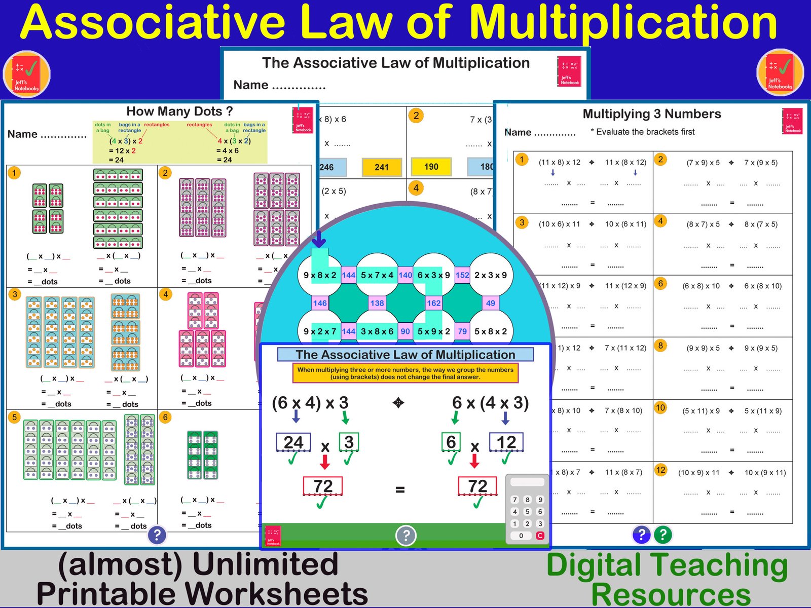 Associative law of multiplication worksheets and examples