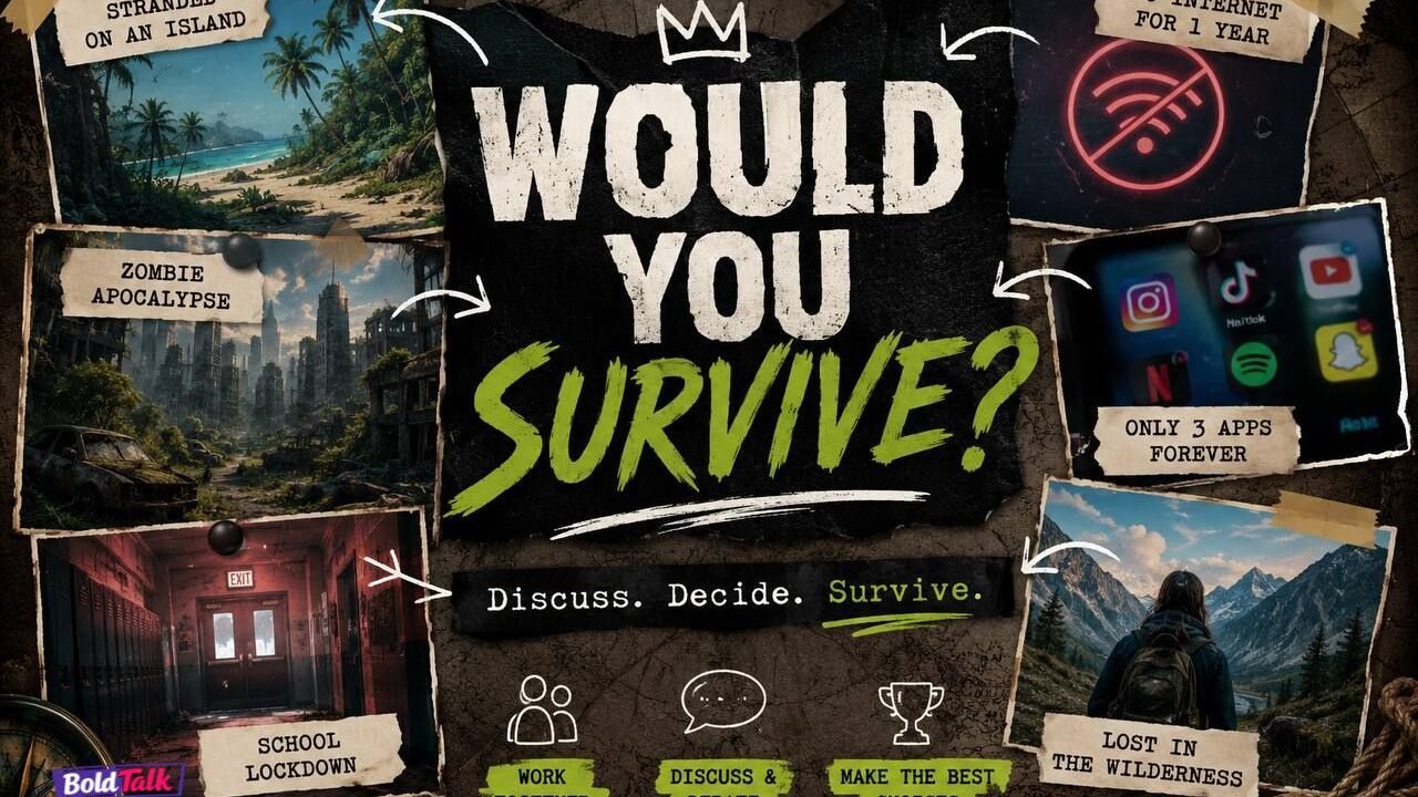 Survival scenarios collage with bold motivational text