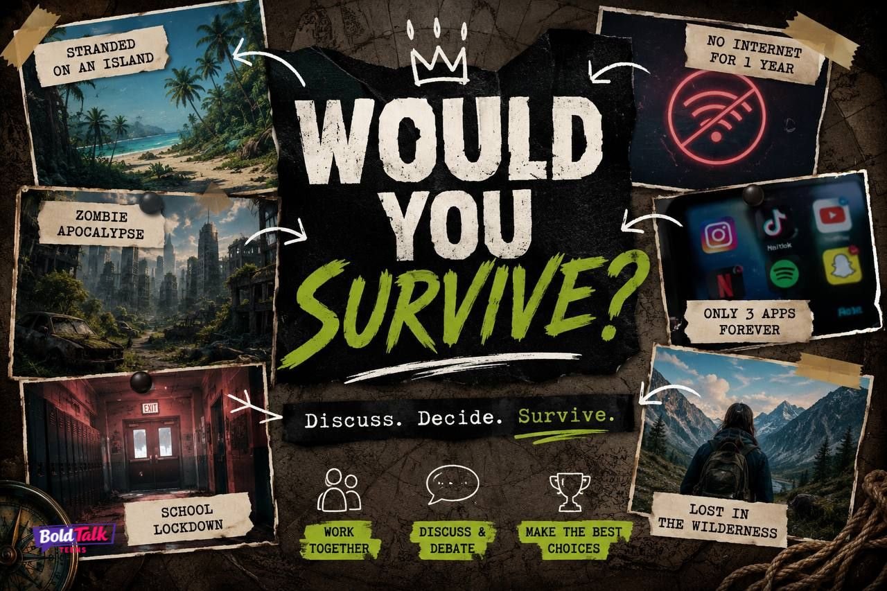 Survival scenarios collage with bold motivational text