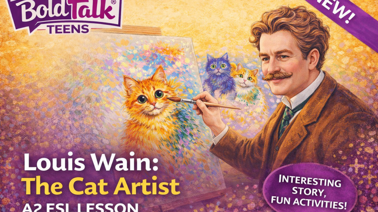 Illustration of Louis Wain painting colourful cats