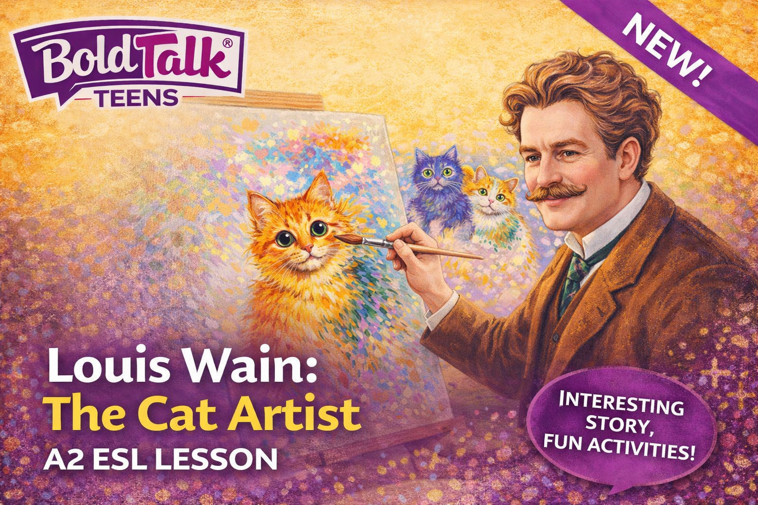 Illustration of Louis Wain painting colourful cats