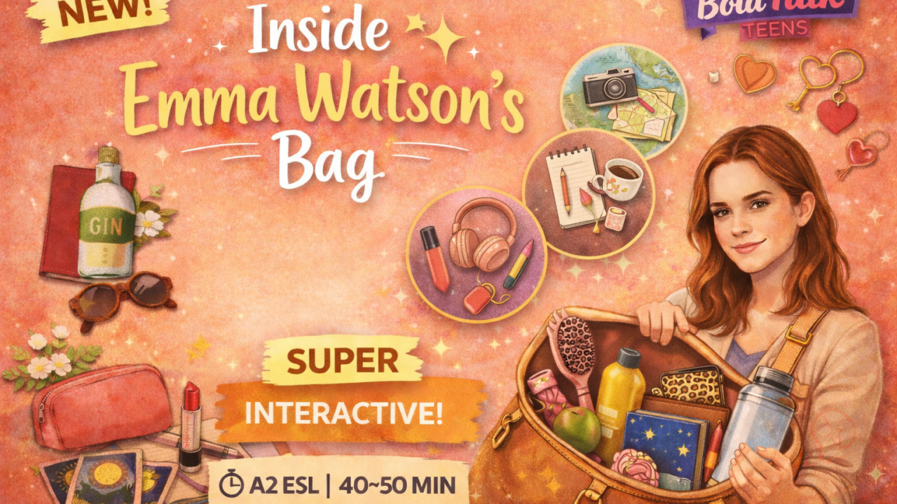 Illustrated woman showing handbag contents, teen magazine graphic