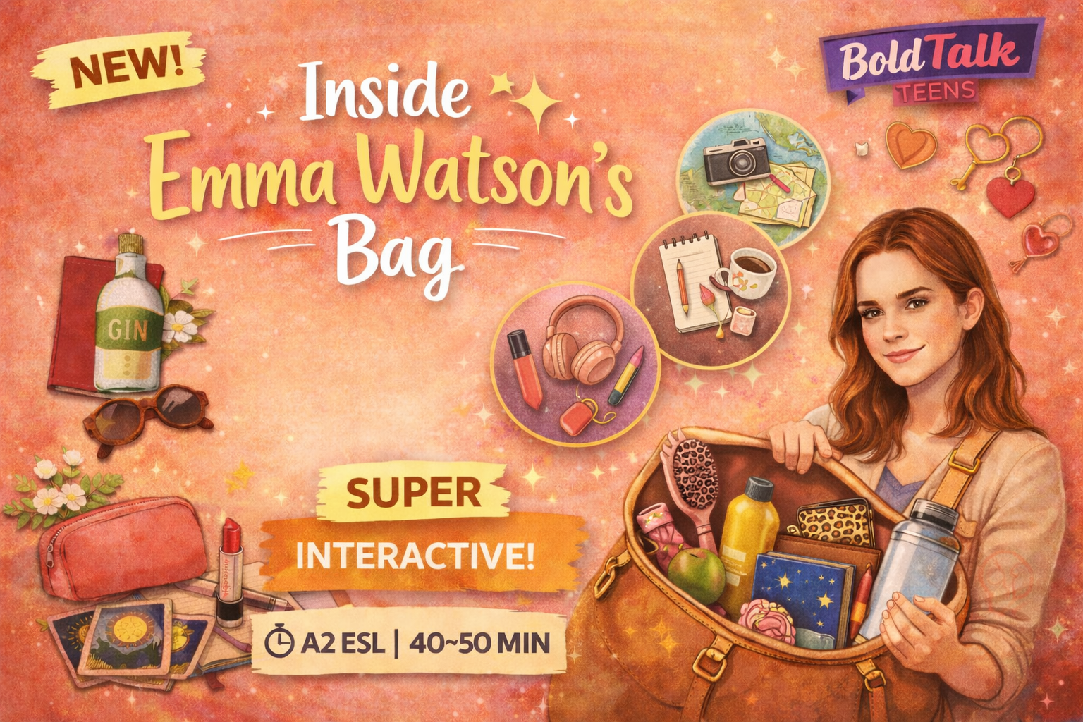 Illustrated woman showing handbag contents, teen magazine graphic